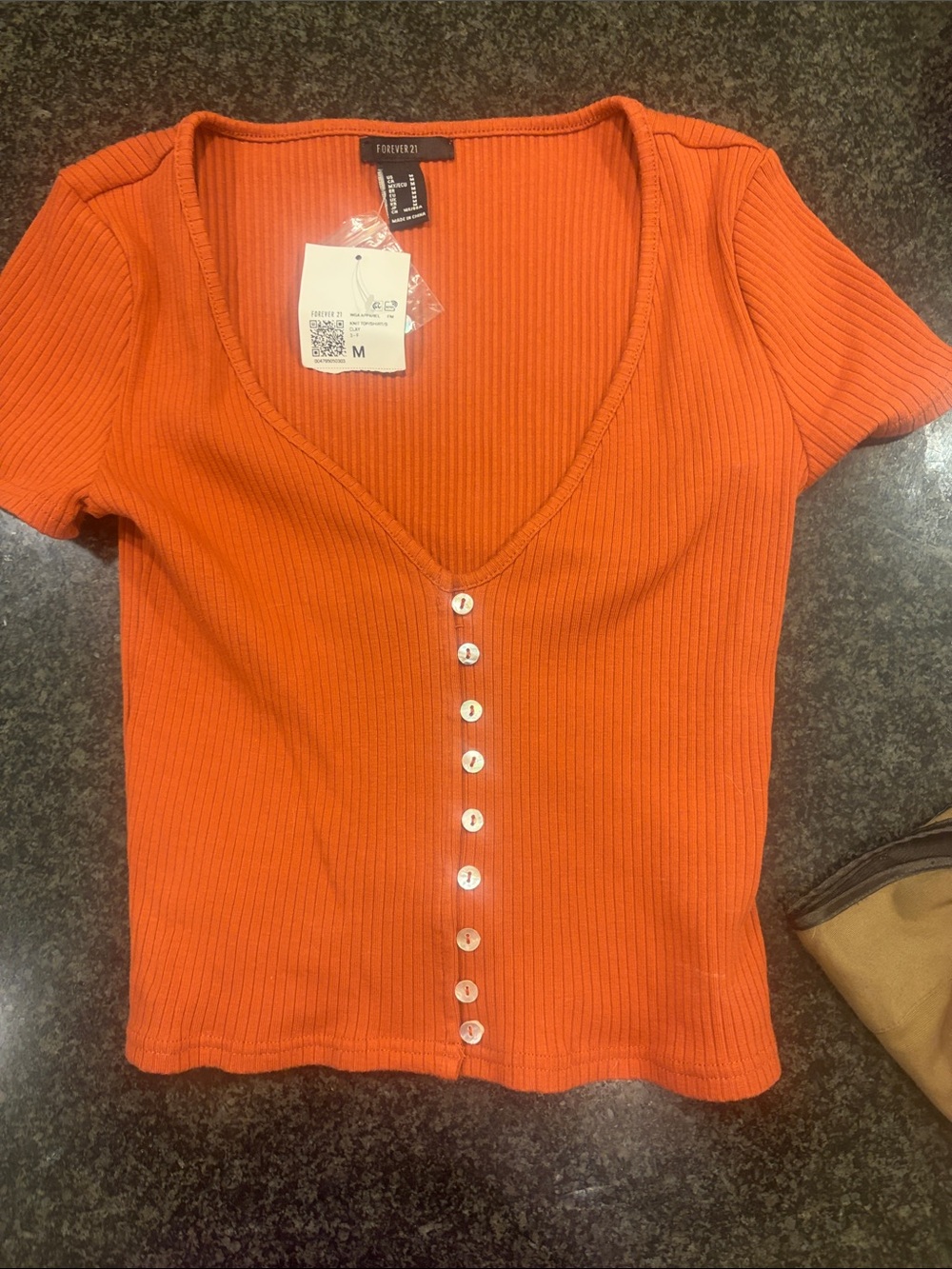 Forever 21 Orange Ribbed Button-Down V-Neck Crop Top